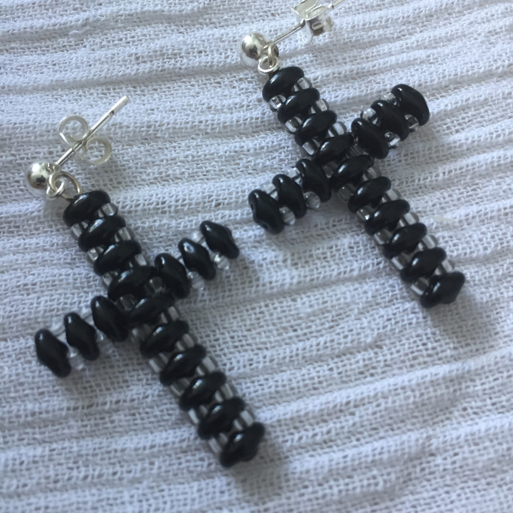Beaded black cross dangle earrings